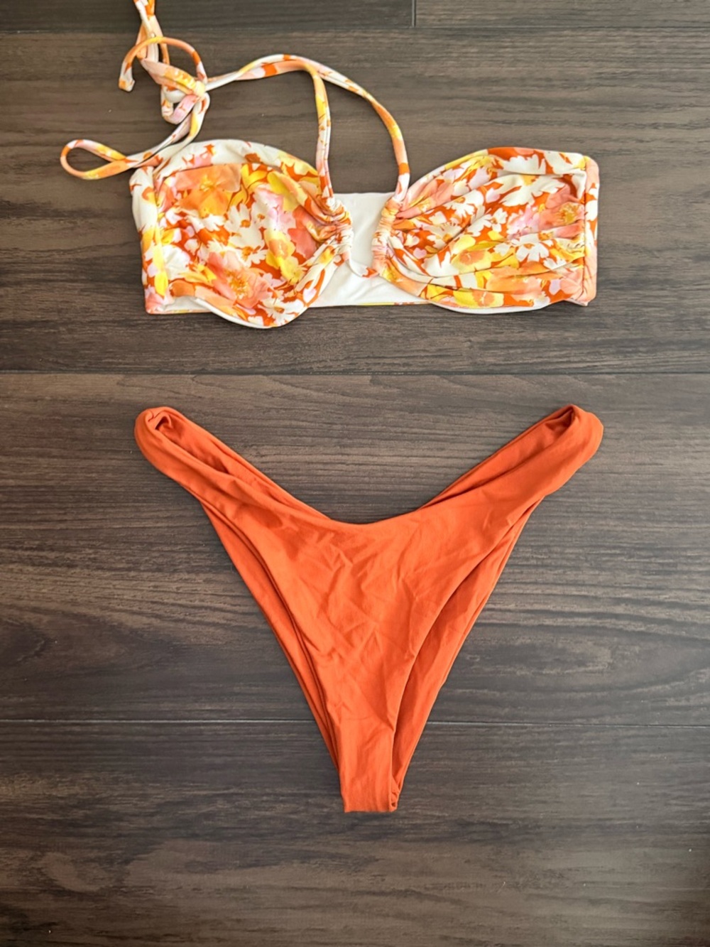 l*space Orange Floral Bandeau Bikini Top with Solid Rust Orange Bottom